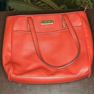 Anne Klein NWOT Women's Red Purse Handles Pockets Gold Plate Logo Tan Lining Zip
